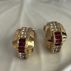 CHRISTIAN DIOR VINTAGE FAUX RUBY RHINESTONE CLIP EARRINGS